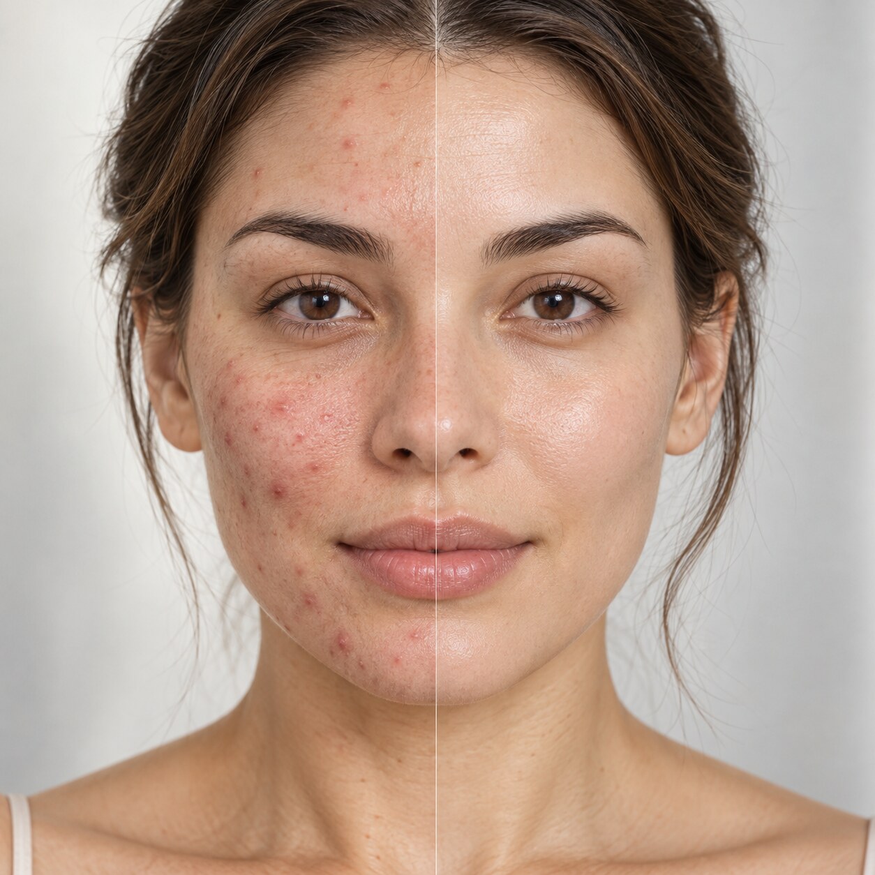 Fictional AI split-face illustration of acne marks and clearer-looking skin
